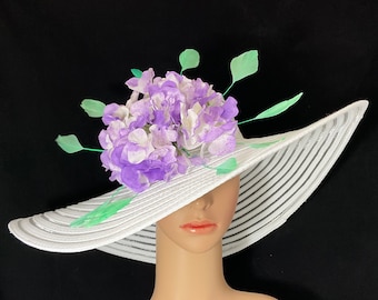 Light Purple and White Women’s Derby hat with Feathers , Spring Tea Party