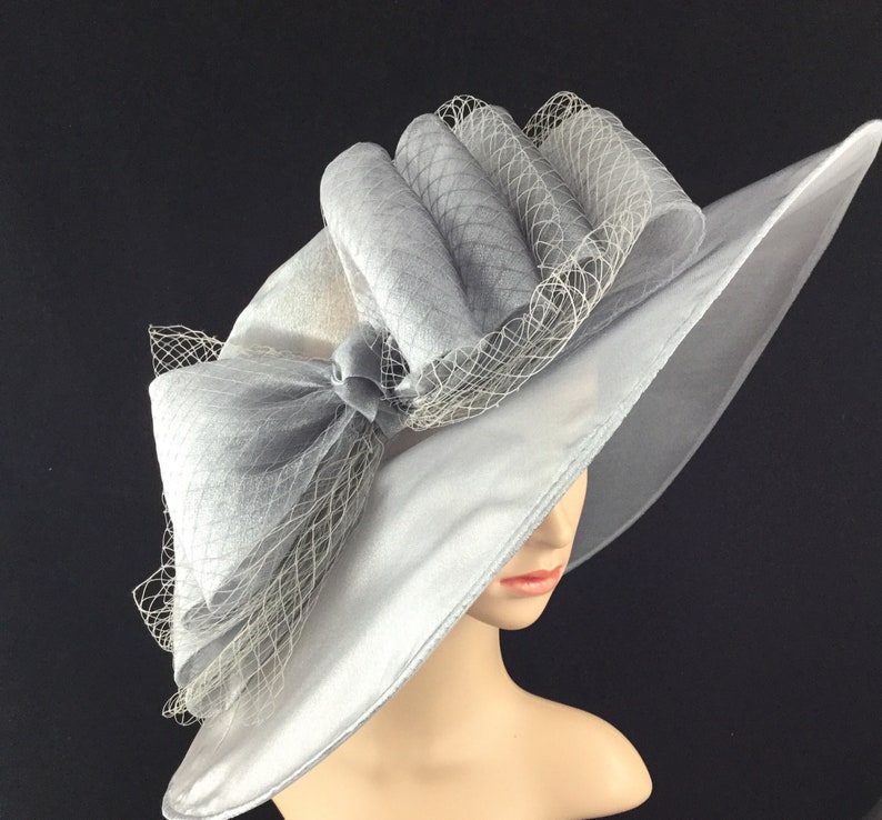 Silver Grey Big Bow Wide Brim Kentucky Derby Hat Womens Dress Tea Party Ascot Horse