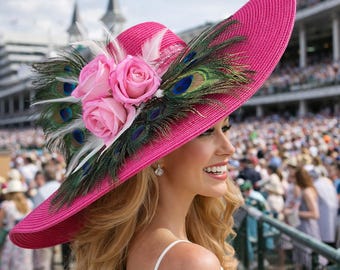 Wide Brim Kentucky Derby Hat, Pink with Rose and Peacock Feathers