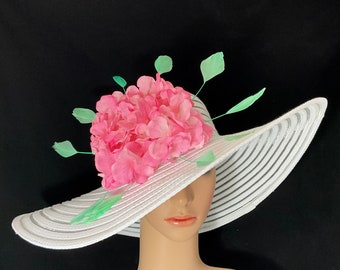 Pink and White derby hat with Feathers