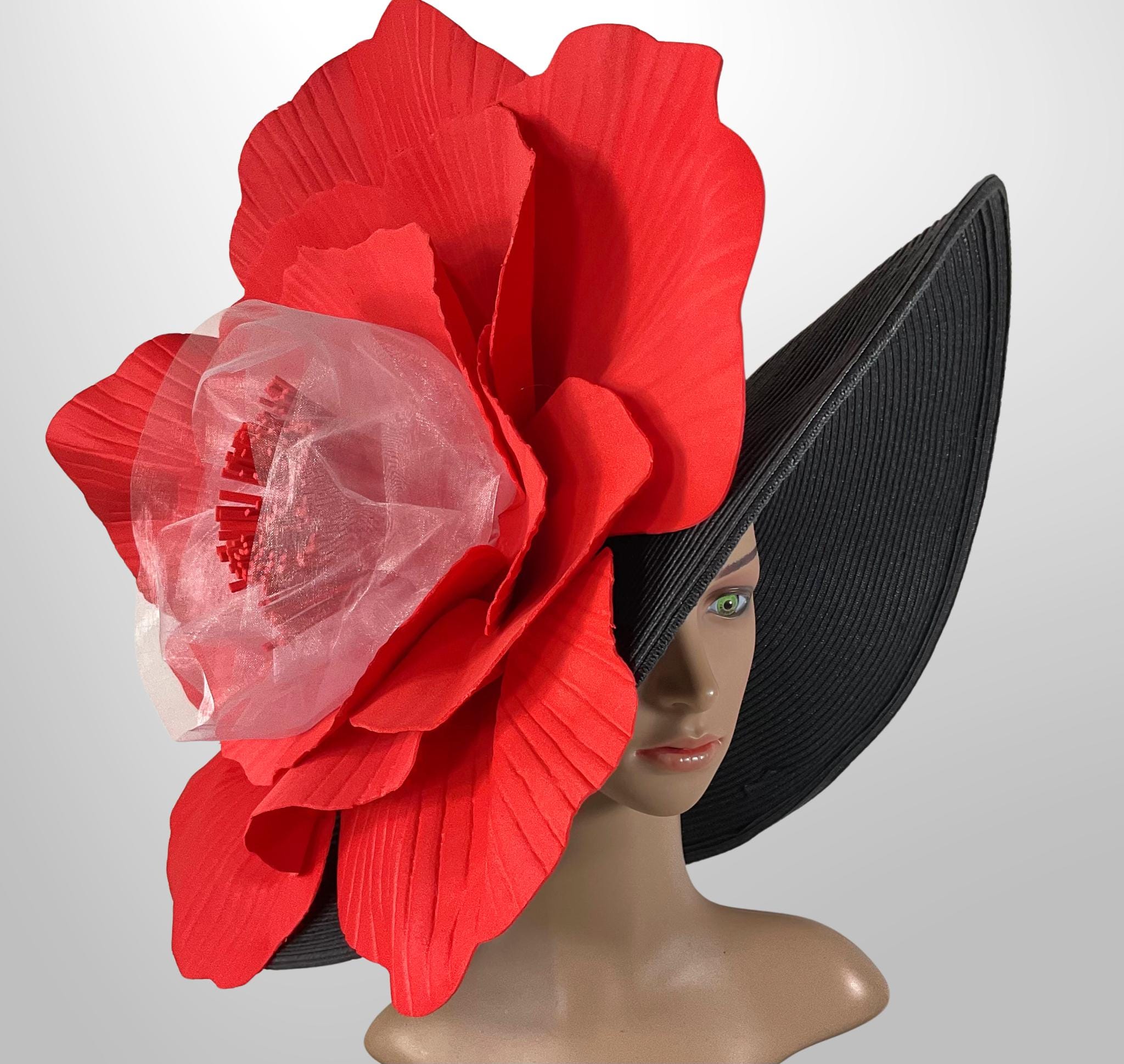 Kentucky Derby Hat, Black Wide Brim, Red Flower Fascinator 