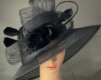 Black Wide Brim Church Hat: Ascot, Tea Party, Funeral
