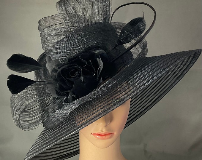 Black Lampshade Church Hat Wide Brim Hat Tea Party Hat Ascot Funeral