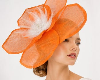 Extra Large 16 inch Orange Statement Fascinator, Big Floral Headpiece for Royal Ascot, Dramatic Derby Hat, Oversized Sinamay Flower