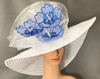 Blue and White Kentucky Derby Hat , Handmade Sinamay Flower, Designed and Made in USA Ready to Ship