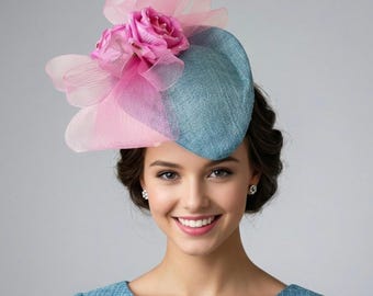 Denim Blue Fascinator Hat with Pink Rose – Kentucky Derby, Wedding Headpiece
