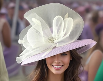 Purple Hot Pink Plum Jeweled Flower Women Kentucky Derby White Hat Wide Brim Purple Hot Pink Plum Jeweled Flower Women Kentucky Derby  main image 4