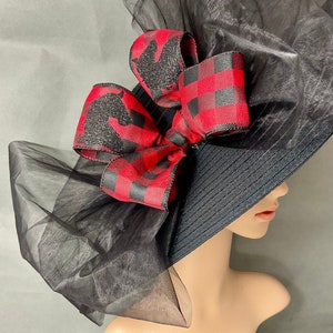 2024 Large Checker Bow Kentucky Derby Hat , Black and Red, Designed and Made in USA Ready to Ship