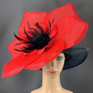 Black and Red Flower Kentucky Derby Hat , Extra Large Sinamay Flower, Designed and Made in USA