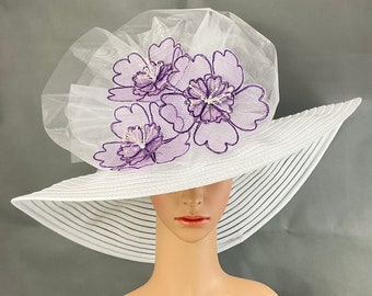 Purple and White Kentucky Derby Hat , Handmade Purple Sinamay Flower, Designed and Made in USA Ready to Ship