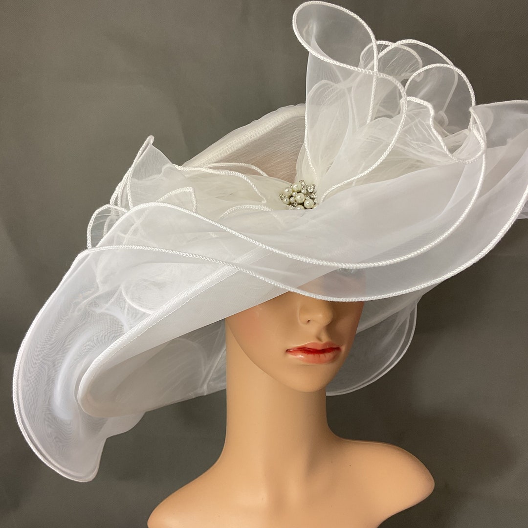 White Kentucky Derby Hat With Rhinestone Embellishment Bridal Wedding