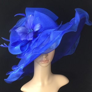 Royal Blue Kentucky Derby Hat with Big Bow and Feather Flower Tea Party Hat Blue Dress Hat,