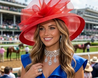 NEW Red Kentucky Derby Hat Dress Wedding Wide Brim Hat Tea Party Ascot