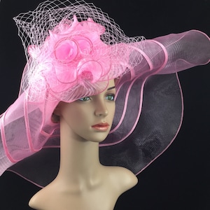 Pink Extra Wide Brim Sinamay and Mesh Wide Brim Kentucky Derby Hat Church Hat Bridal Wedding Hat Dress Hat Tea Party Hat