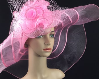 Pink Sinamay Kentucky Derby Hat, Extra Wide Brim Wedding Church Hat