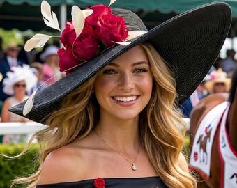 Wide Brim Kentucky Derby Hat, Dark Pink Beige Black, Formal Dress Mother’s Day Gift