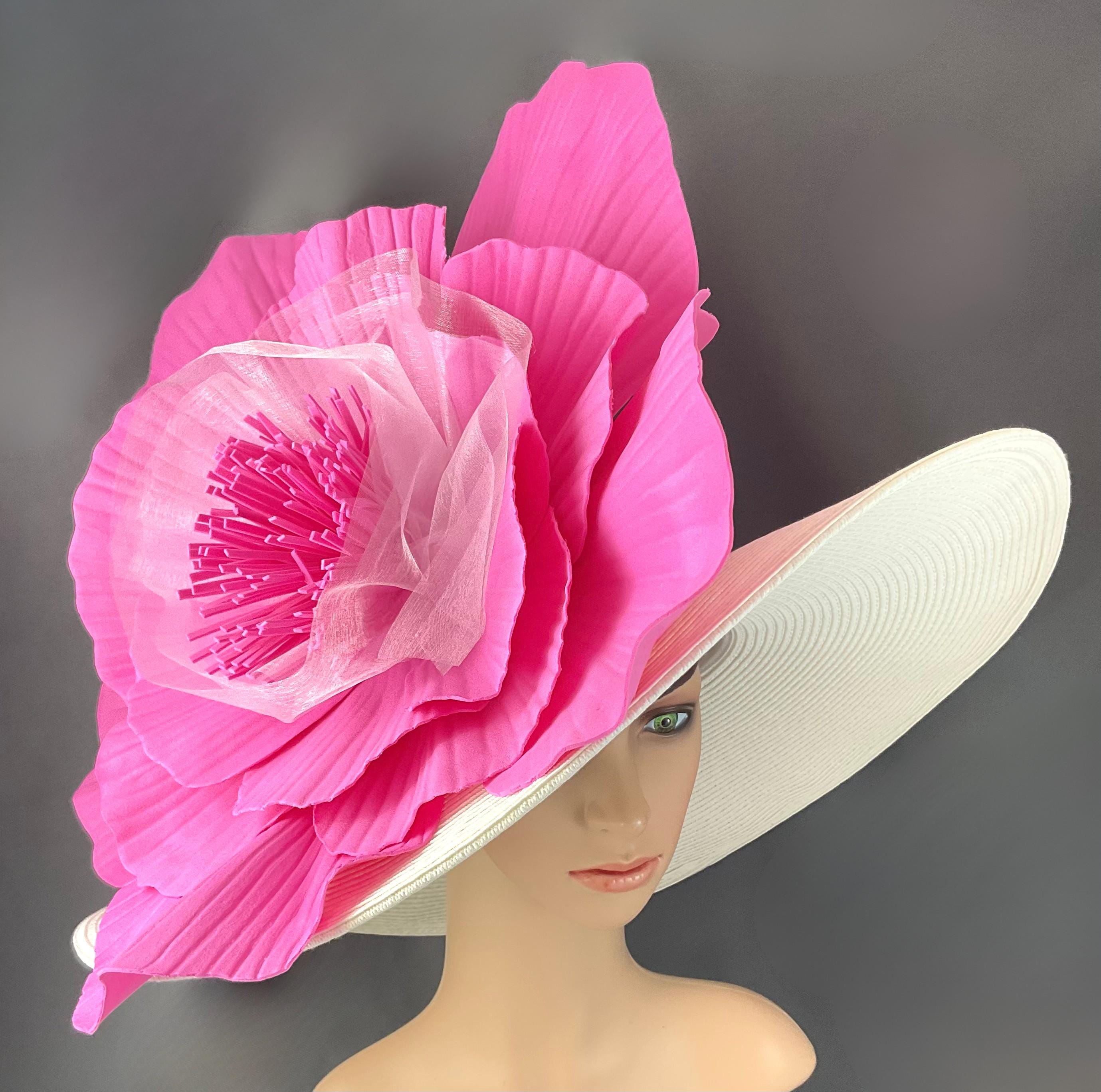 Kentucky Derby White Hat, Giant Hot Pink Flower, Wide Brim  display picture 1
