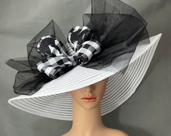 Women Checker Bow Derby Hat , Black and White ,Designed and Made in USA Ready to Ship