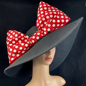 Red White Polka Dot Bow Kentucky Derby Black Hat, Wide Brim hat,Ready to Ship