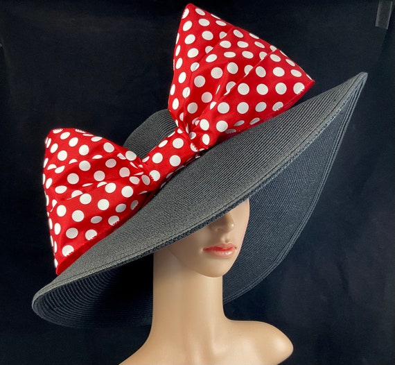 Red Polka Dot Bow Kentucky Derby Hat, Black Wide Brim - Etsy display picture 1