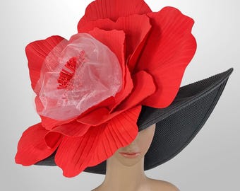 Kentucky Derby Hat, Black Wide Brim, Red Flower Fascinator  display picture 1