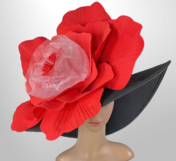 Kentucky Derby Hat, Black Wide Brim, Red Flower Fascinator  display picture 3