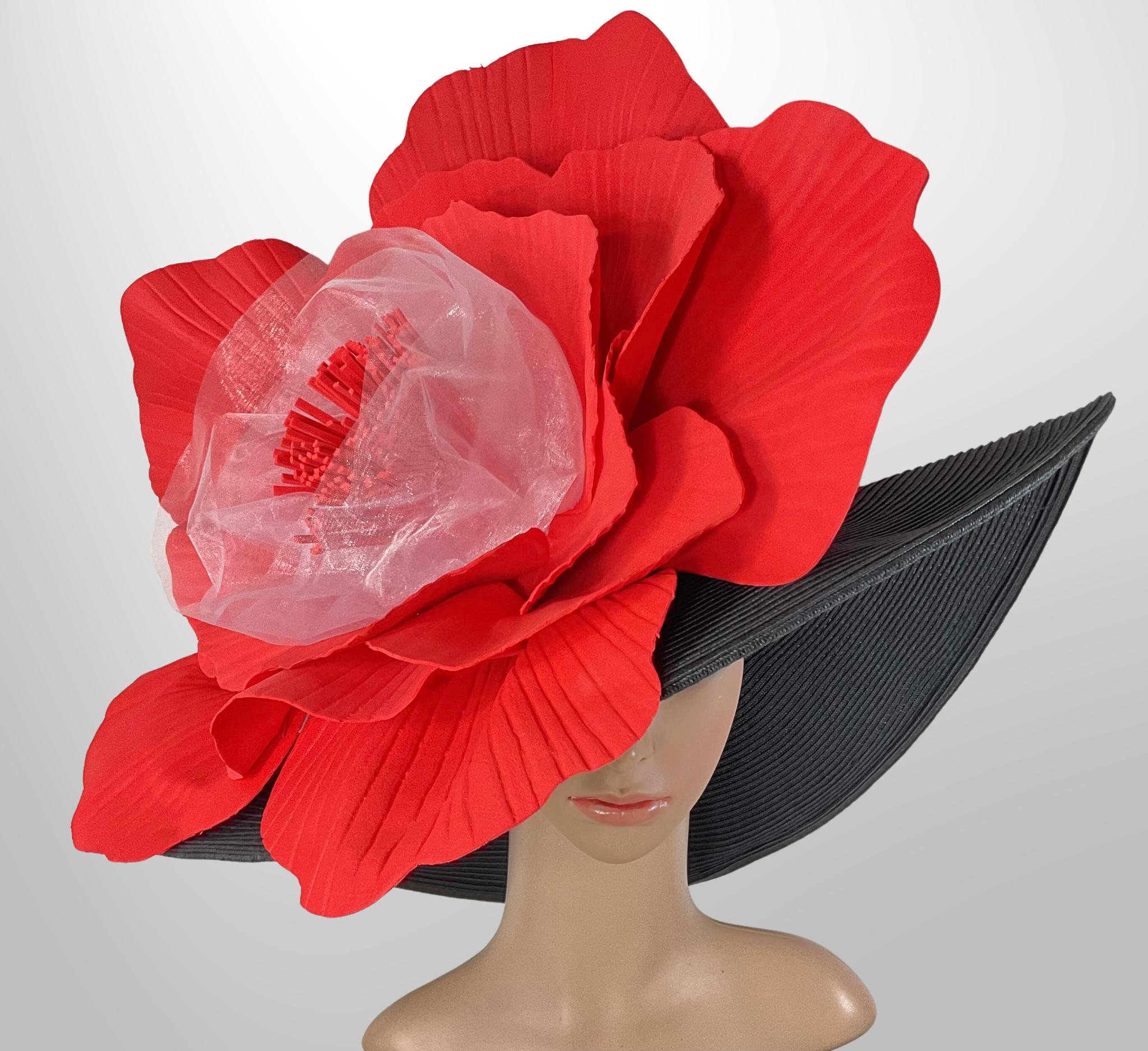 Red Kentucky Derby Hat Wide Brim Statement Fascinator M4003 ( Red hat ) Kentucky Derby hat, Church hat, Wedding  main image 2