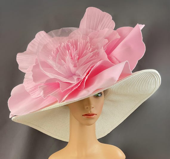 Giant Light Pink Flower Kentucky Derby Hat, Wide Brim White  display picture 1