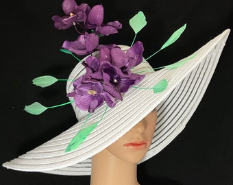 Purple and White Wide Brim Kentucky Derby Hat, Dressy Hat, Church Hat,Tea Hat ,Ready to Ship