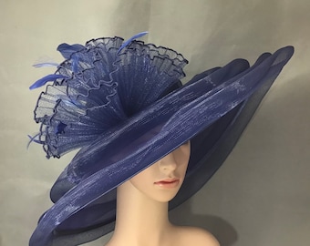 Navy Blue Womens Kentucky Derby Hat Dress Hat Wedding Hat Wide Brim Hat Tea Party Hat Ascot