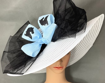 Women Derby Hat ,Light Blue and White,Wide Brim ,Designed and Made in USA Ready to Ship