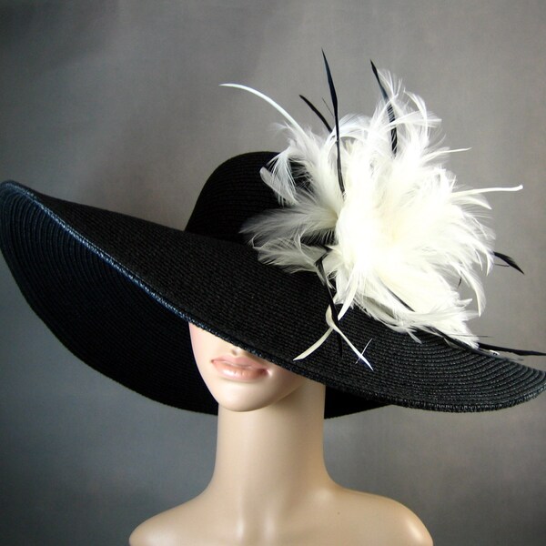 Kentucky Derby Hat, BLACK Derby Hat with White Feathers,Dress Hat ,Church Hat ,BLACK Hat Wide Brim Wedding Tea Party Ascot Horse Race