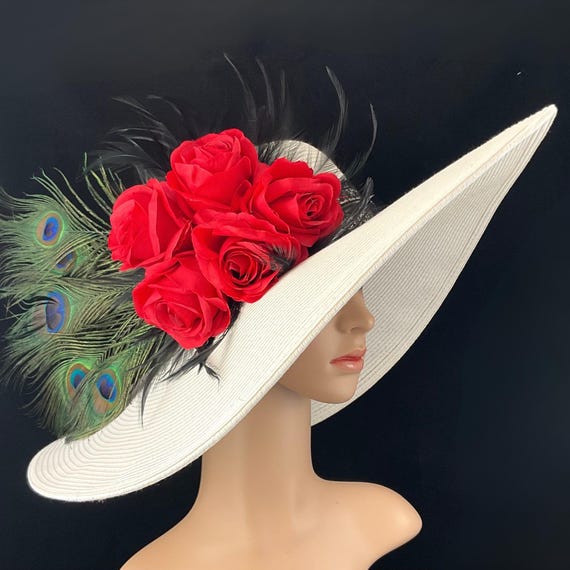 Wide Brim Derby Hat: White, Red Rose & Peacock Feathers  display picture 1