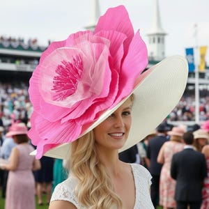 Kentucky Derby Hat Cards Pink Red UL White Wide Brim Organza Floral Beaded Hat Derby Hat - Floral Print Organza Hats - Cappel main image 3