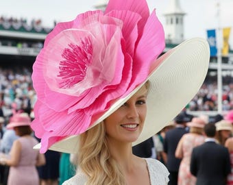 Kentucky Derby White Hat, Giant Hot Pink Flower, Wide Brim  display picture 3