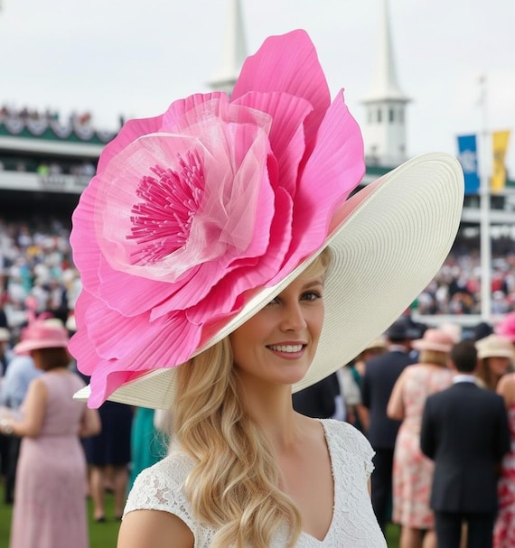 Kentucky Derby White Hat, Giant Hot Pink Flower, Wide Brim  display picture 2