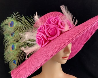 Hot Pink Kentucky Derby Hat with Rose and Peacock Feather,Ready to Ship