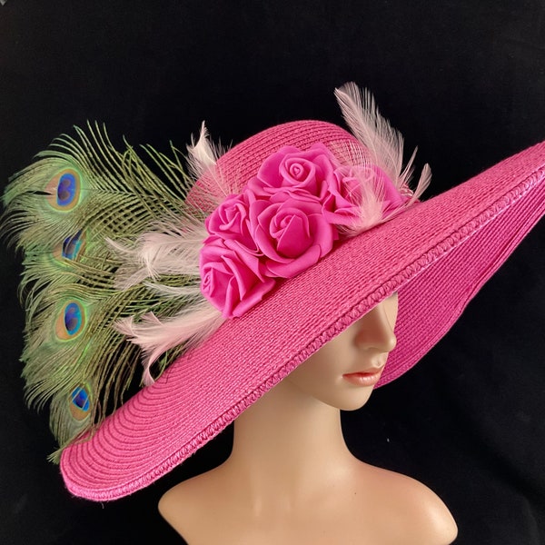 Hot Pink Kentucky Derby Hat with Rose and Peacock Feather,Ready to Ship