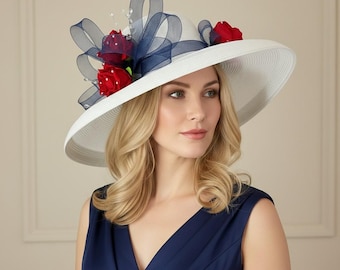 Red White Blue Kentucky Derby Hat, Roses with Rhinestones, Memorial Day, 4th of July