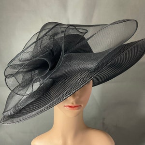 NEW Black Kentucky Derby Hat with big Mesh Flower and Feather Derby Hat Dress Hat Wedding Wide Brim Hat Tea Party Hat Ascot