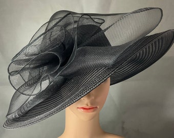 NEW Black Kentucky Derby Hat with big Mesh Flower and Feather Derby Hat Dress Hat Wedding Wide Brim Hat Tea Party Hat Ascot