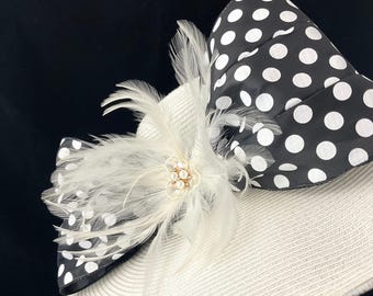 Just Arrived White Polka Dot Fancinator for Kentucky Derby, Church, Easter Black and White Polka Dots Kentucky Derby Feather Flower  main image 4