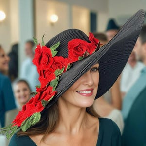 Red Rose Kentucky Derby Black Hat Preakness Belmont Del Mar Dress Church Hat Bridal Wedding Hat Tea Party Hat Ascot