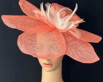 Peach Kentucky Derby Fascinator, Extra Large Sinamay Flower Headpiece, USA Made