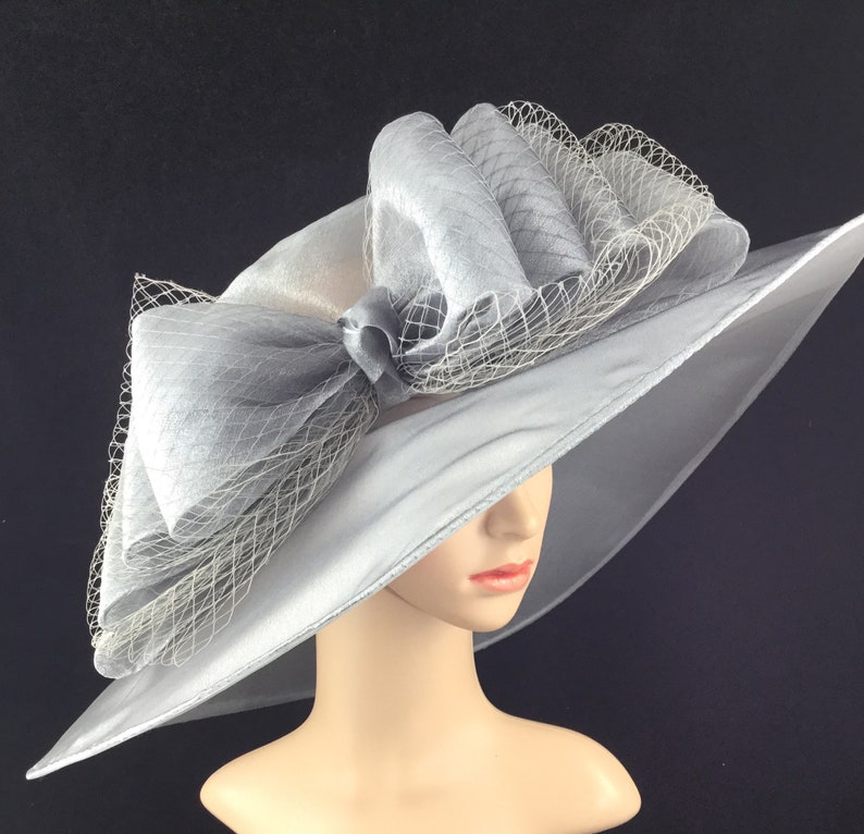 Silver Grey Big Bow Wide Brim Kentucky Derby Hat Womens Dress Tea Party Ascot Horse