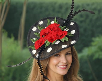 “Rouge Rendezvous” – Dramatic Polka Dot Derby Hat  Crimson Rose & Feather PLUME $_57.JPG?set_id=8800005007 main image 3