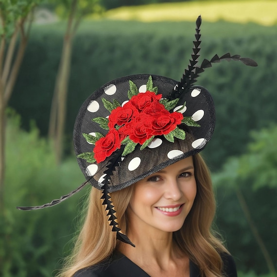 Red Rose Polka Dots Kentucky Derby Black Fascinator Hat  display picture 1