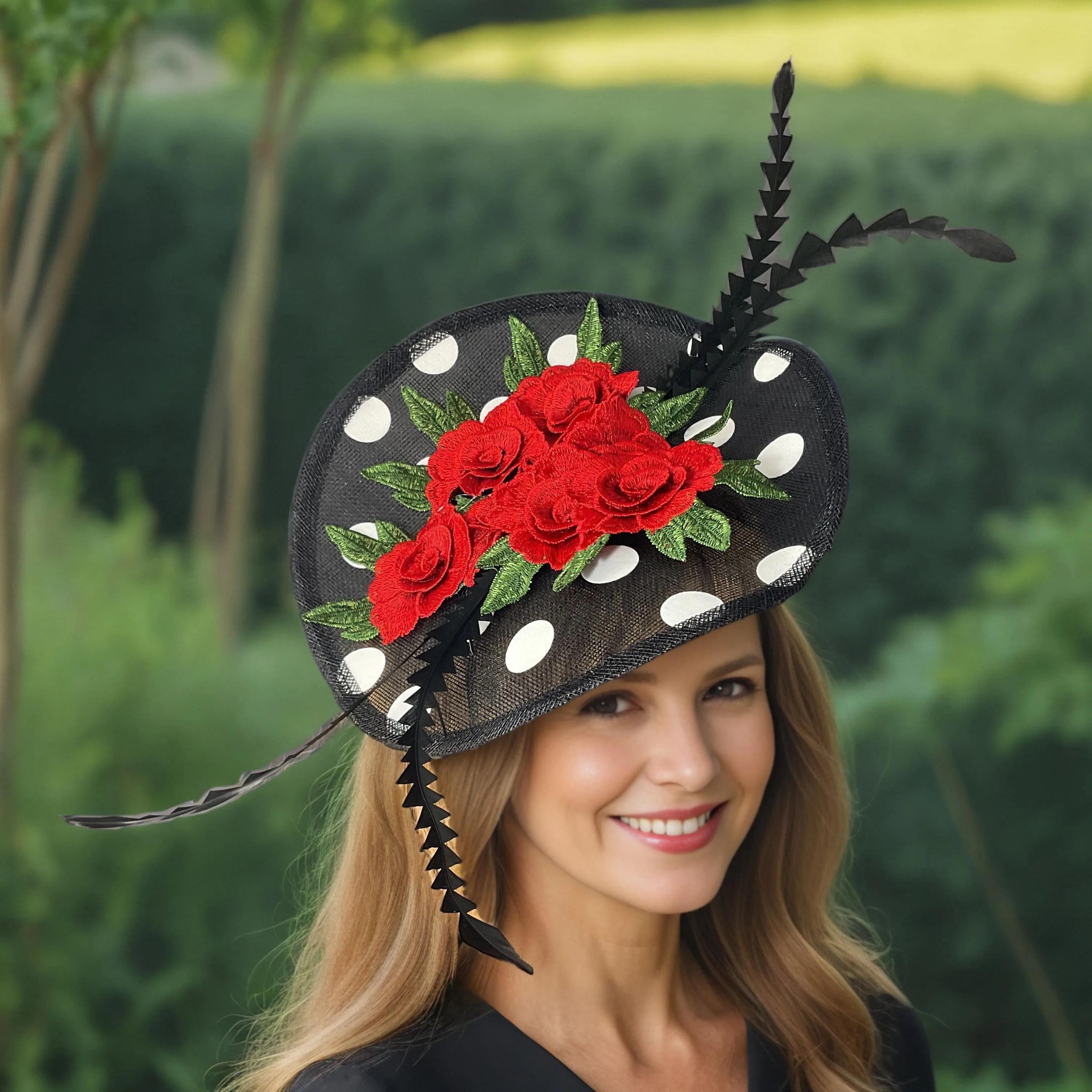 Red Rose Polka Dots Kentucky Derby Black Fascinator Hat  display picture 1