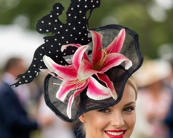 Black Kentucky Derby Fascinator Headpiece ,Pink Stargazer Lily, horse with rhinestone, Sinamay, Designed and Made in USA