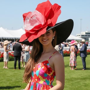 Kentucky Derby-hoed, zwarte brede rand, rode bloem Fascinator